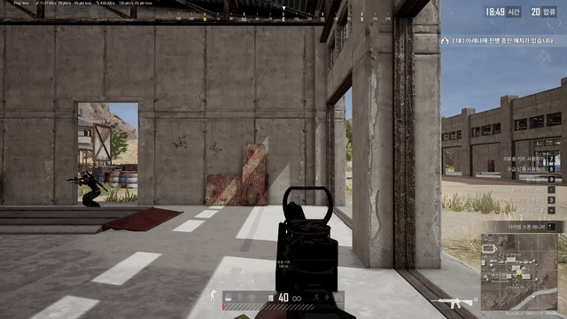 PUBG firing recording with SPTAIM assistance OFF, showing sight movement against fixed background structures