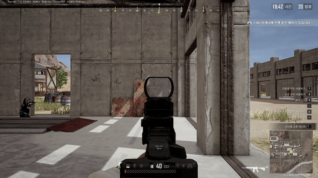 PUBG firing recording with SPTAIM assistance ON, showing sight movement against fixed background structures